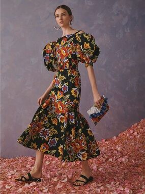 Carolina Herrera Floral Puff-Sleeve Midi Dress | Size 6 | Resort 2020